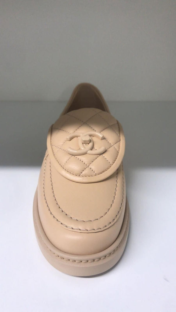 Chanel Quilted Leather Loafers Beige Hardware (Beige)