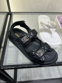 Chanel Lambskin Leather CC 'Dad' Sandals (Black/Gold)