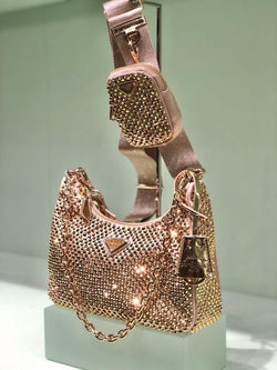 Prada Re-Edition 2005 Crystal Embellished Cross Body Bag (Gold)