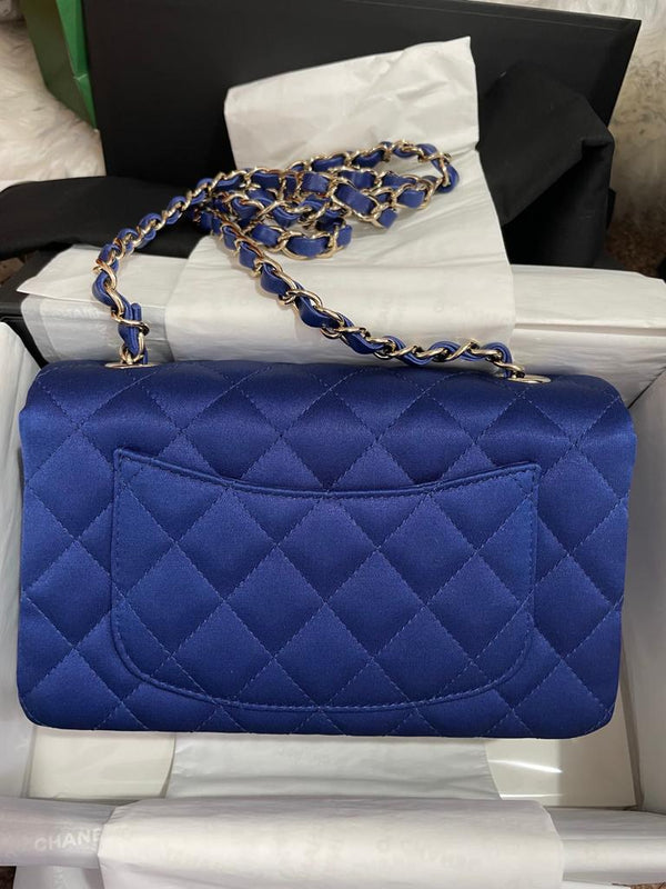 Chanel Mini Rectangular Flap Bag Satin Blue Light Gold Hardware