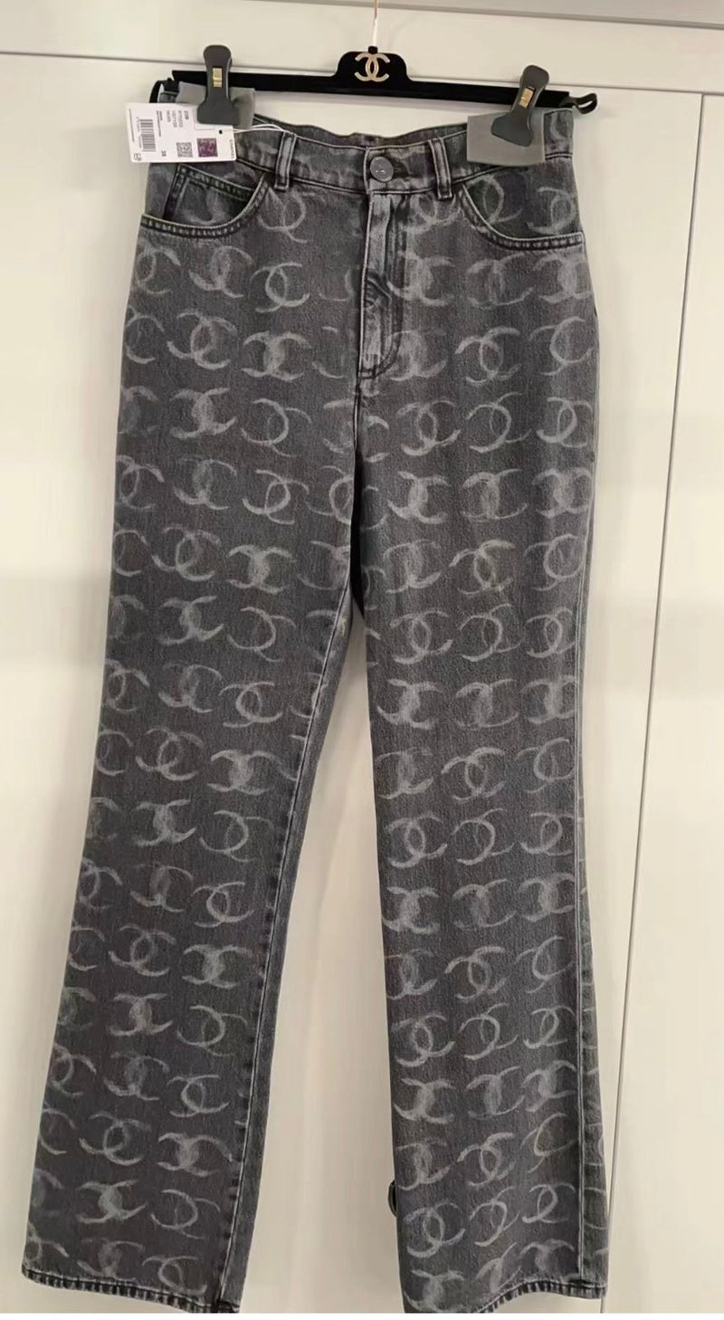 Chanel CC Printed Embroidered Denim Logo Jeans