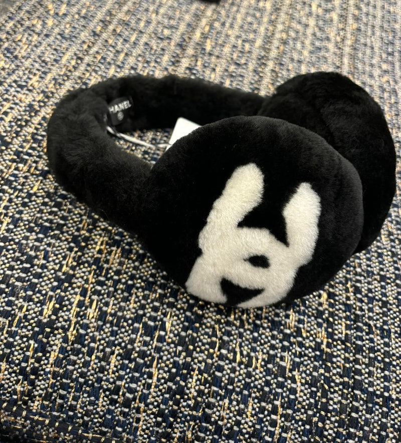 Chanel CC Shearling Earmuffs (Black/White)
