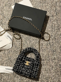 Chanel Kelly Tweed Sequin Nano Shopping Bag 24P (Black/White/Silver)