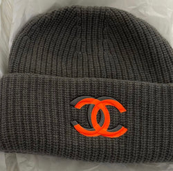 Chanel CC Logo Beanie Hat (Dark Grey & Orange)