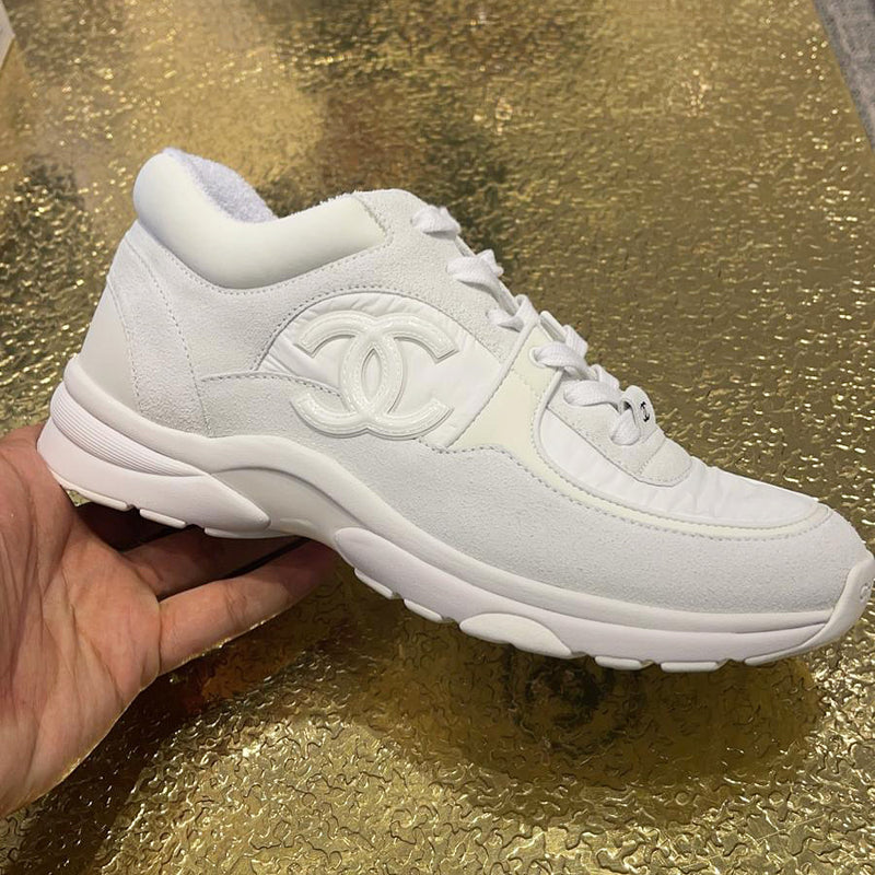 Chanel CC Logo Runner Sneaker Reflective Triple White Leather Suede – The  Luxury Shopper