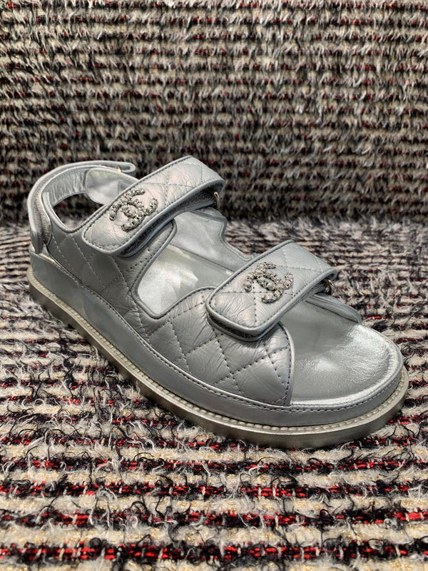 Chanel Metallic Leather CC 'Dad' Sandals (Silver)