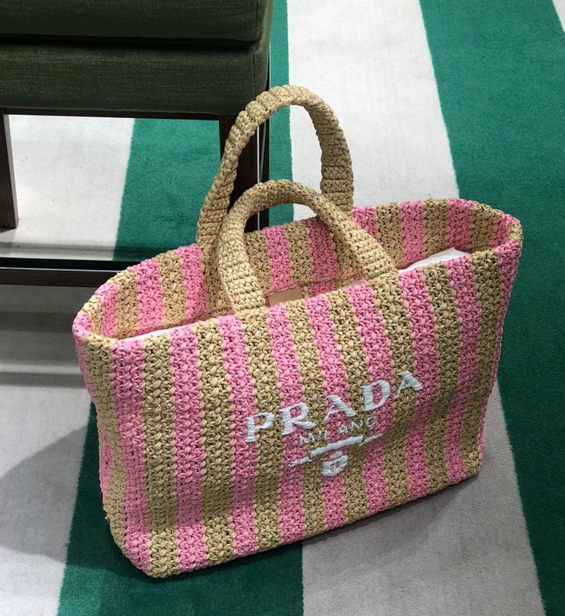 Prada Large Raffia Striped Tote Bag (Tan/Pink)