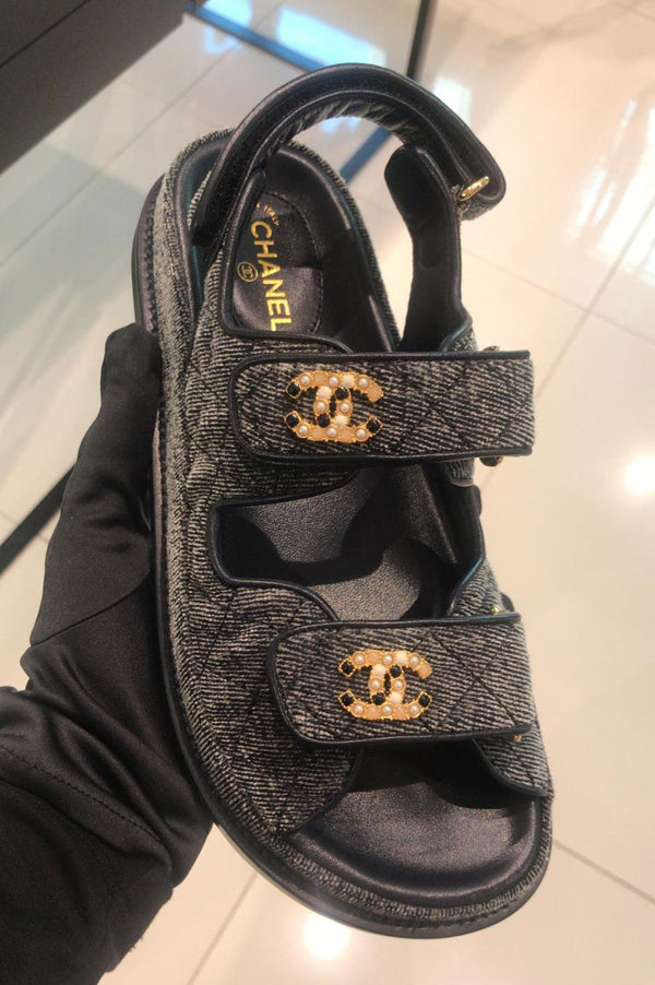 Chanel Velvet CC 'Dad' Sandals Grey