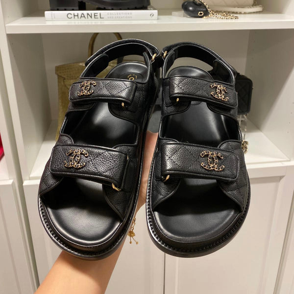 Chanel Leather CC 'Dad' Sandals (Black/Gold) – The Luxury Shopper