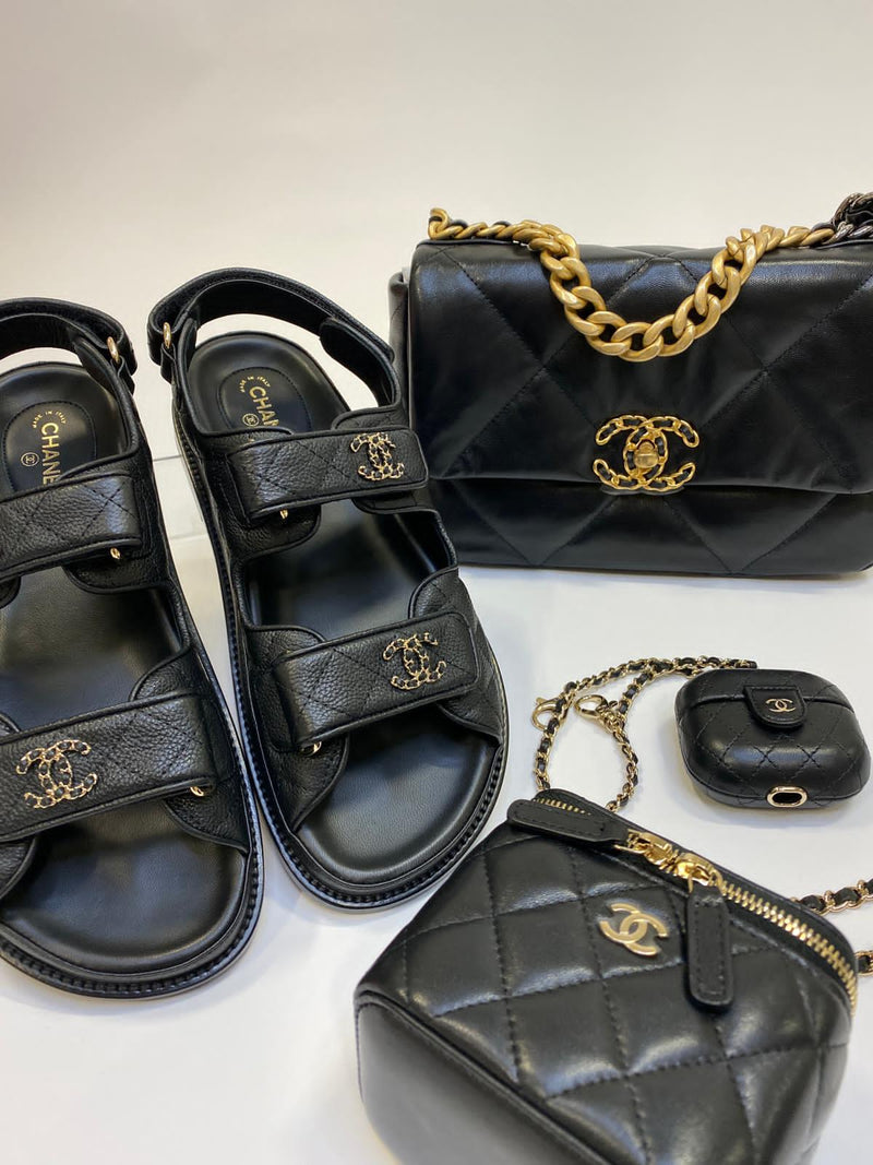 Chanel Leather CC 'Dad' Sandals (Black/Gold)