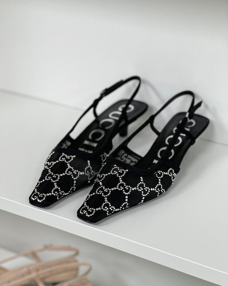 Gucci GG Embellished Kitten Heel Slingback Pumps (Black)
