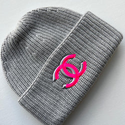 Chanel CC Logo Beanie Hat (Light Grey & Pink)