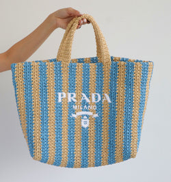Prada Large Raffia Striped Tote Bag (Tan/Blue)