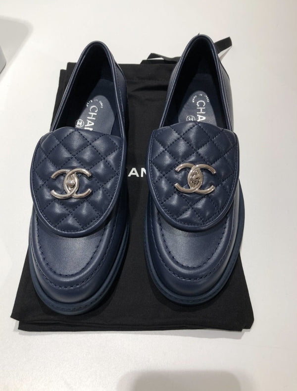Chanel Quilted Leather Loafers Navy (Silver Hardware)