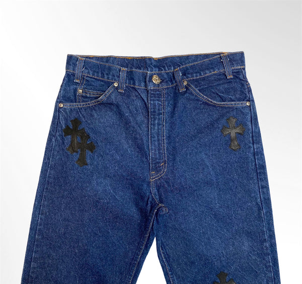 Chrome Hearts Leather Cross Patch Mid Wash Vintage Denim Jeans 34