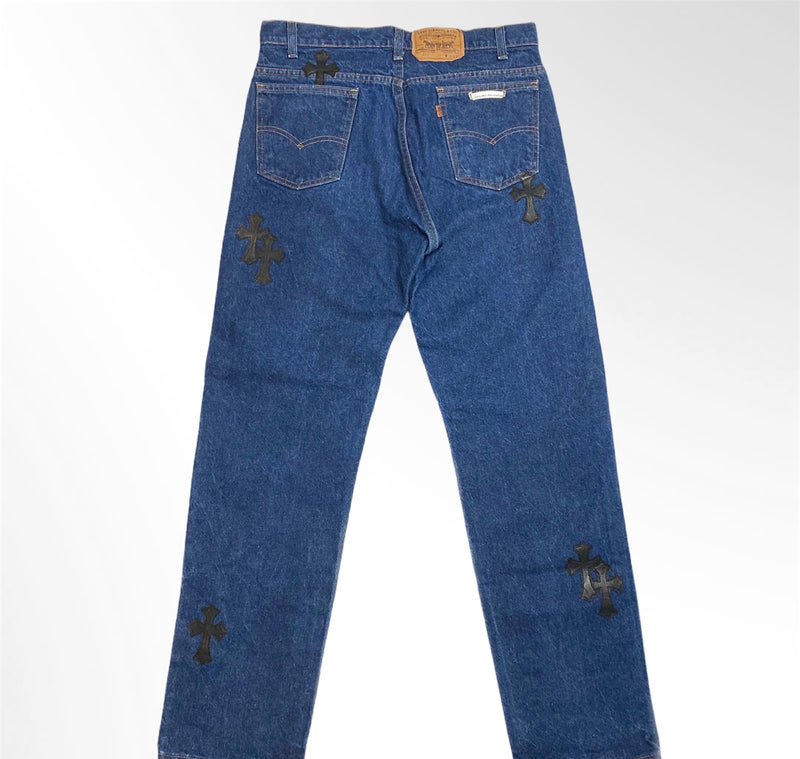 Chrome Hearts Leather Cross Patch Mid Wash Vintage Denim Jeans 34
