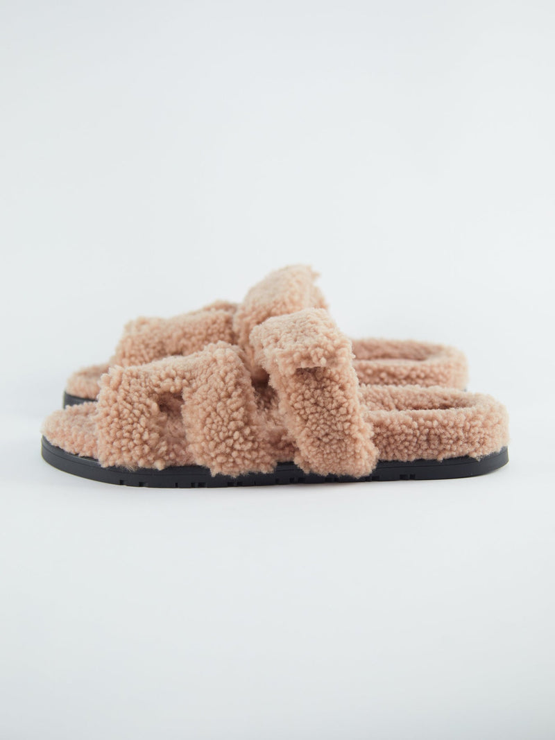 Hermès Chypre Full Shearling Sandals (Rose Aube)