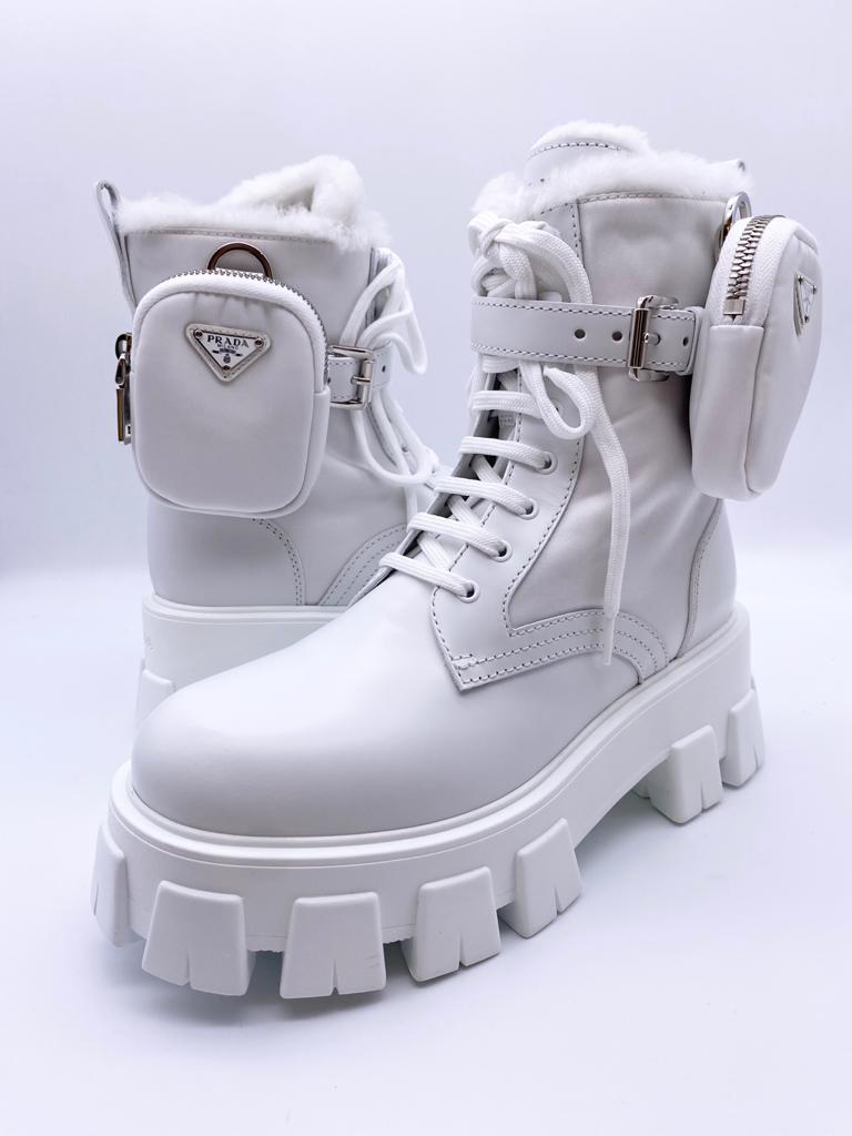 Prada Monolith Ankle Boots with Shearling Lining (White)