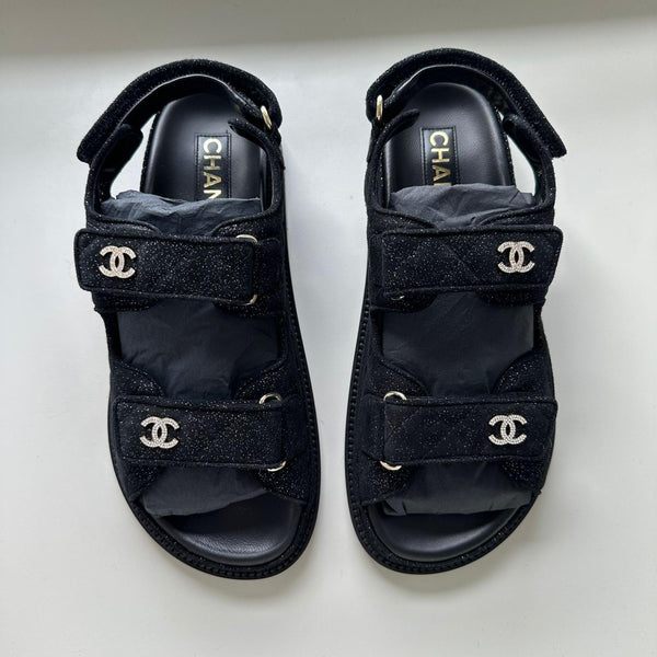 Chanel Suede Kidskin Crystal CC 'Dad' Sandals (Black/Silver) – The Luxury  Shopper