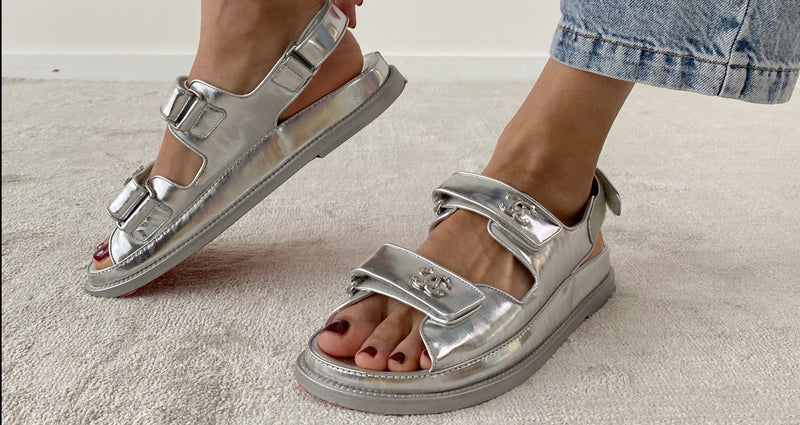 Chanel Metallic Silver Leather CC 'Dad' Sandals (C22)