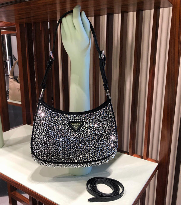 Prada Cleo Satin Bag With Appliqués Crystals (Metal/Black)