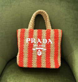 Prada Small Raffia Striped Tote Bag (Tan/Orange)