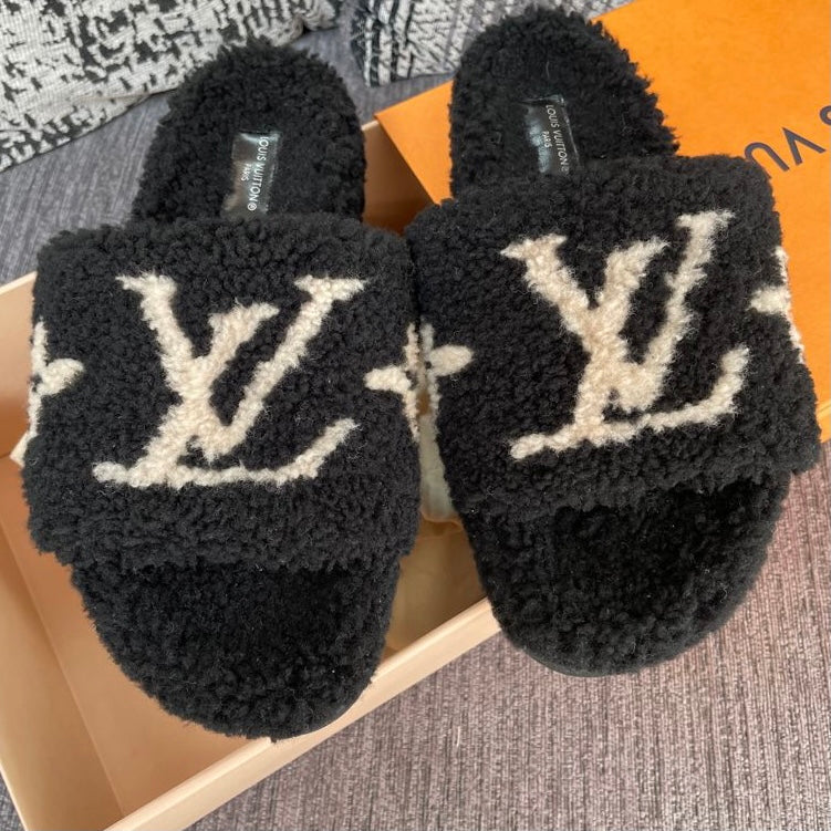 Louis Vuitton Bom Dia Shearling Black Flat Mules - Sold Out/Rare - Us size 6