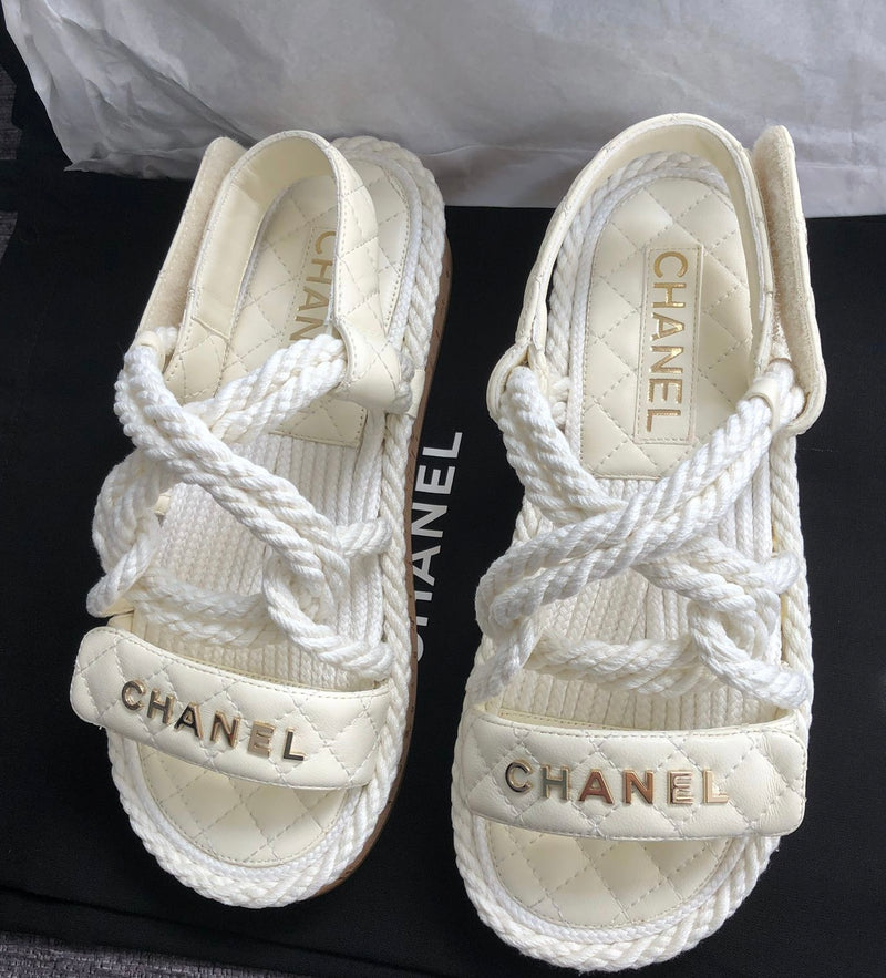 Chanel Cord & Lambskin Sandals (Ivory)