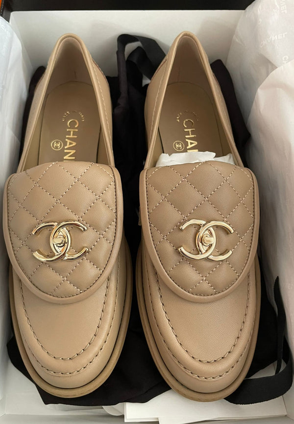 Chanel Quilted Leather Loafers (Beige)