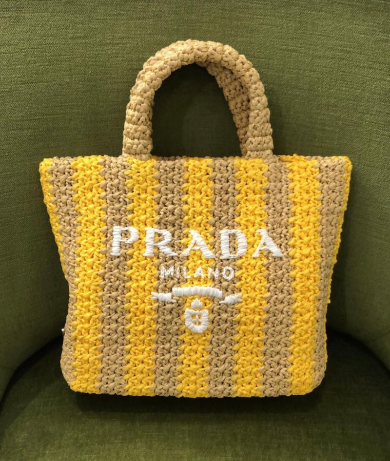 Prada Small Raffia Striped Tote Bag (Tan/Yellow)