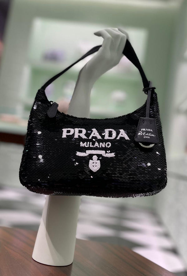 Prada Logo Sequin Re-Edition 2000 Bag (Black)