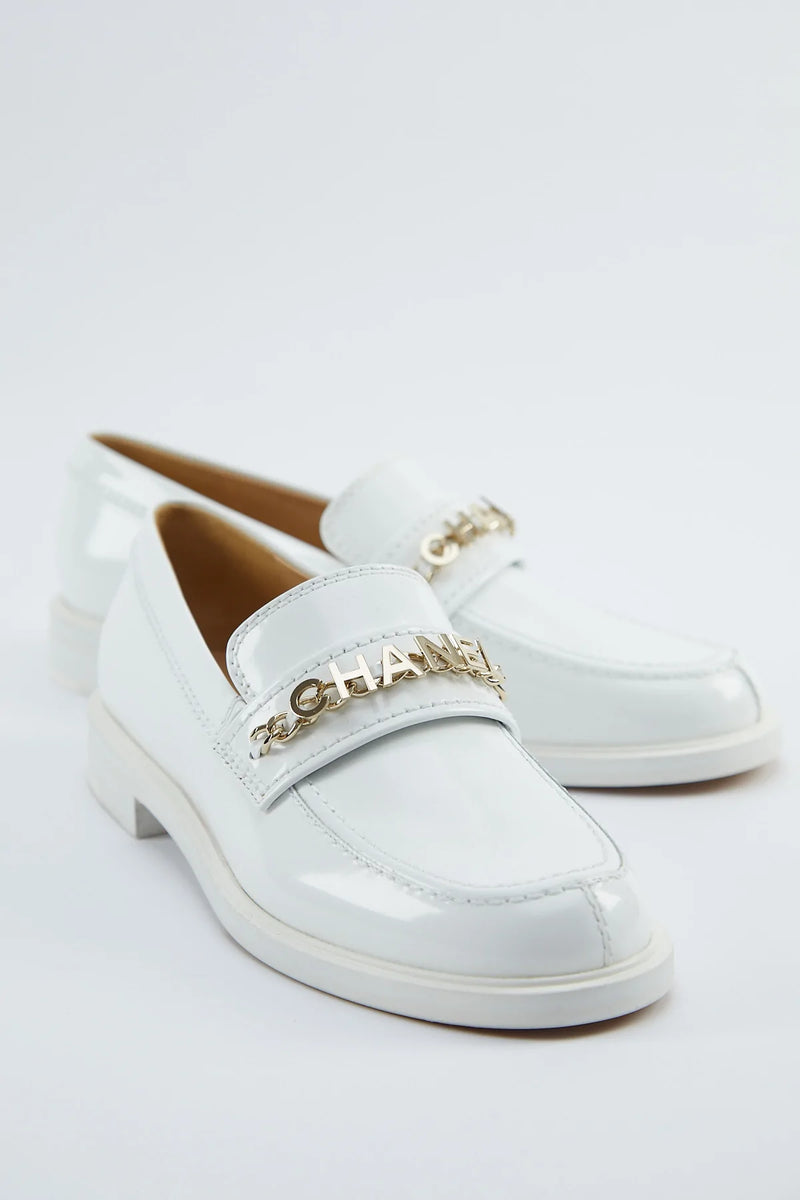 Chanel Shiny Patent Calfskin Loafers (White)