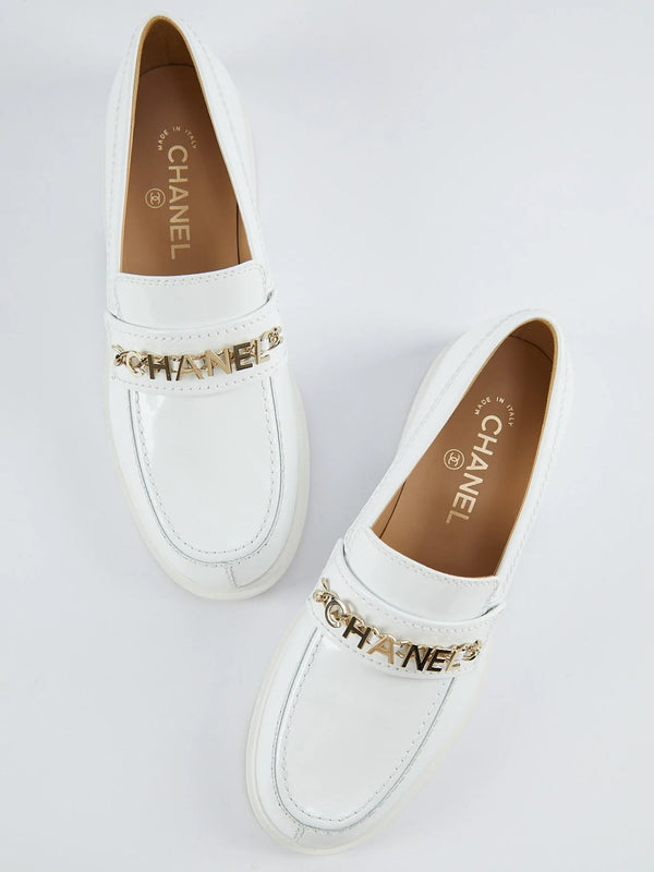 Chanel Shiny Patent Calfskin Loafers (White)