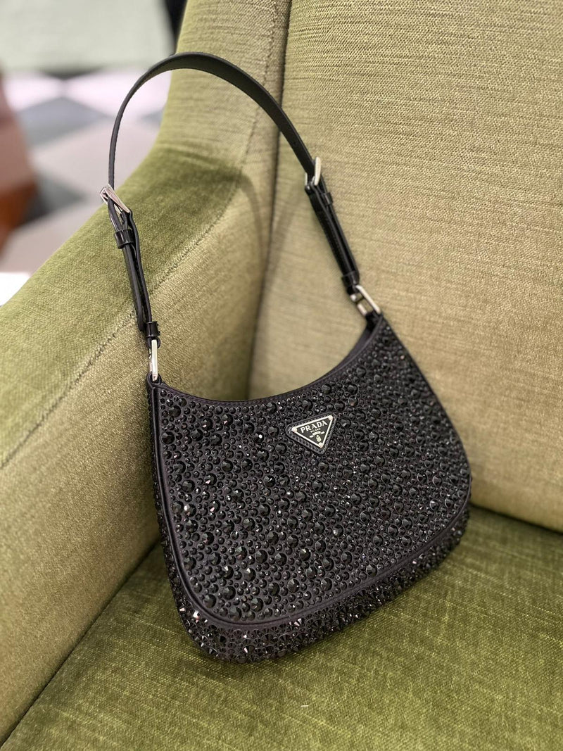 Prada Cleo Crystal-embellished Satin Bag in Black