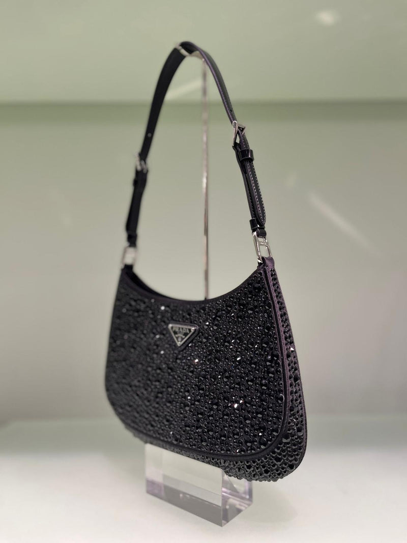 Prada Cleo Satin Bag With Appliqués Crystals (Black)
