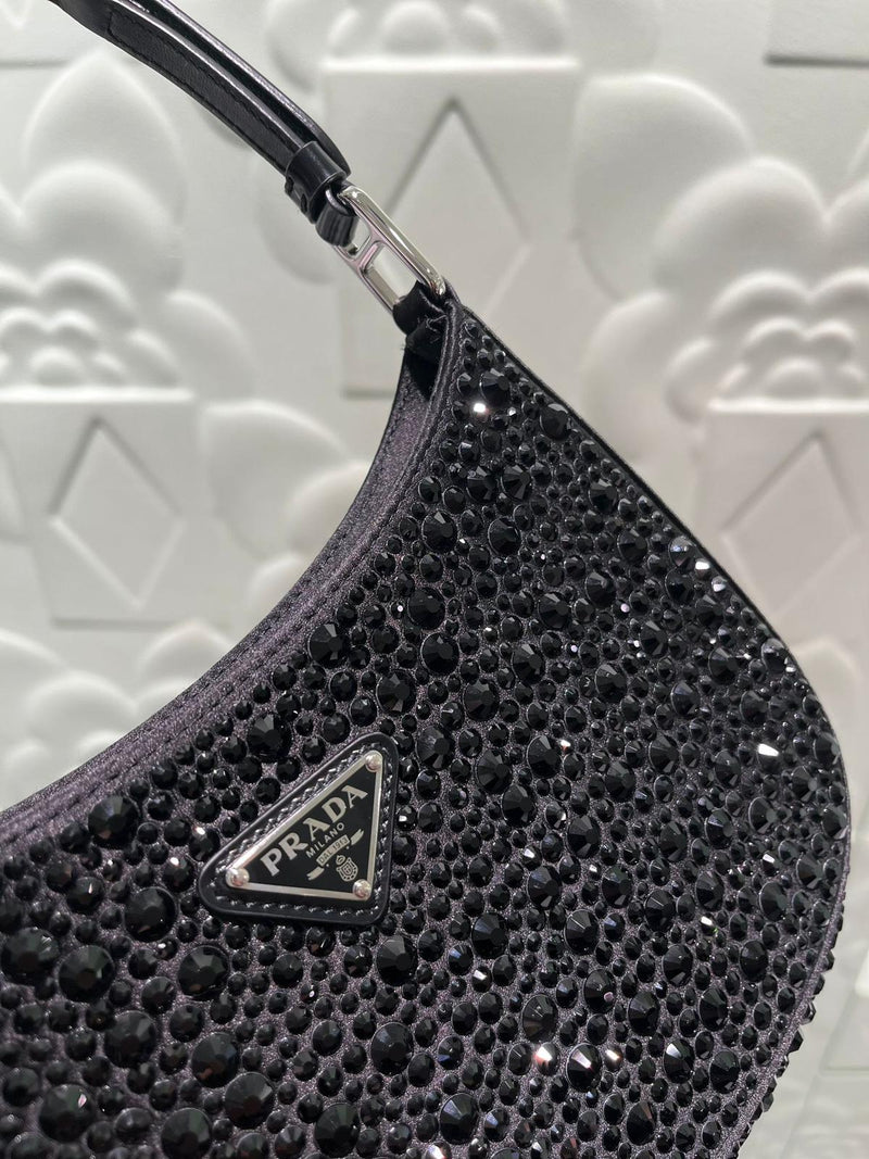 Prada Cleo Satin Bag With Appliqués Crystals (Black)