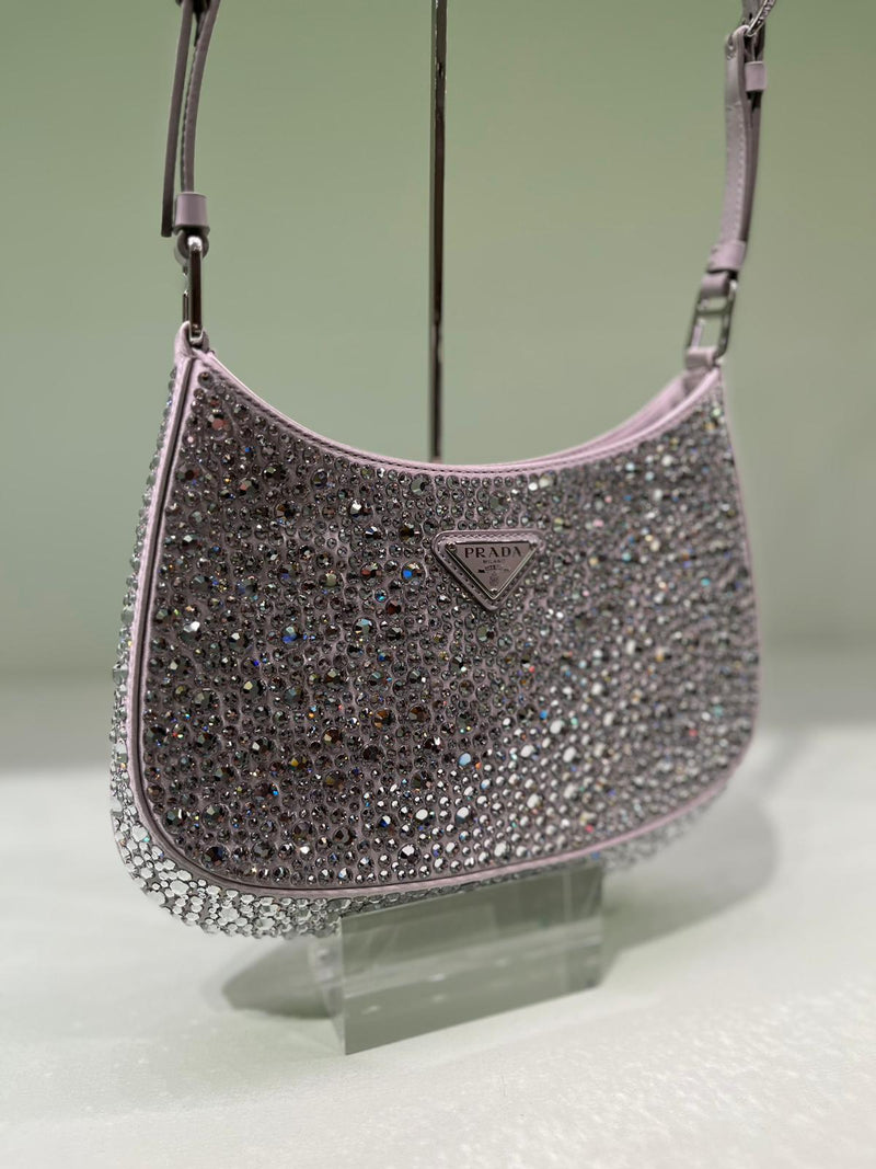 Prada Cleo Satin Bag With Appliqués Crystals (Perla)