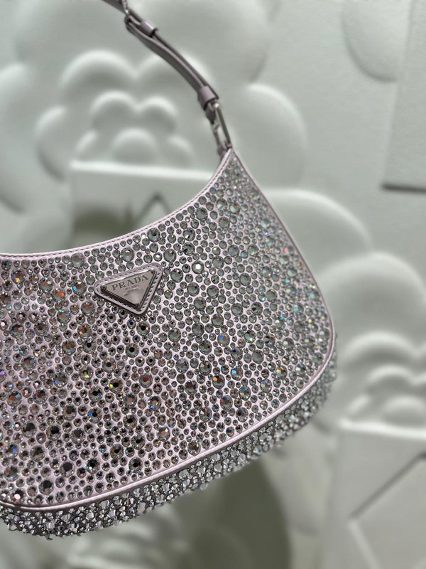 Prada Cleo Satin Bag With Appliqués Crystals (Perla)