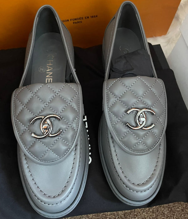 Chanel Quilted Leather Loafers (Dark Grey)