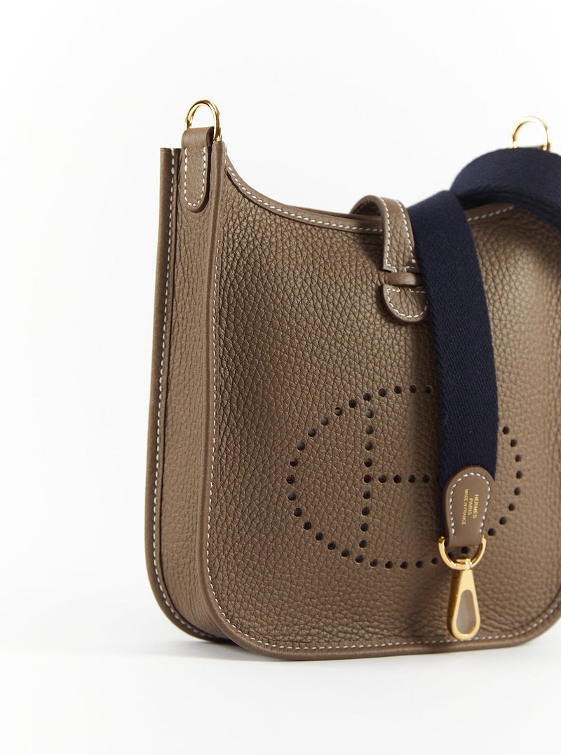 Hermes 16cm Etoupe/Bleu Indigo Clemence Leather Evelyne TPM Bag