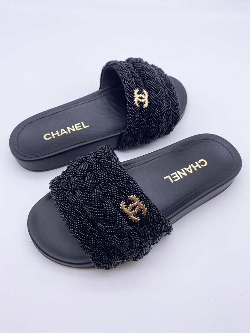 Chanel Pearl & Lambskin Woven Mule Slides (Black)