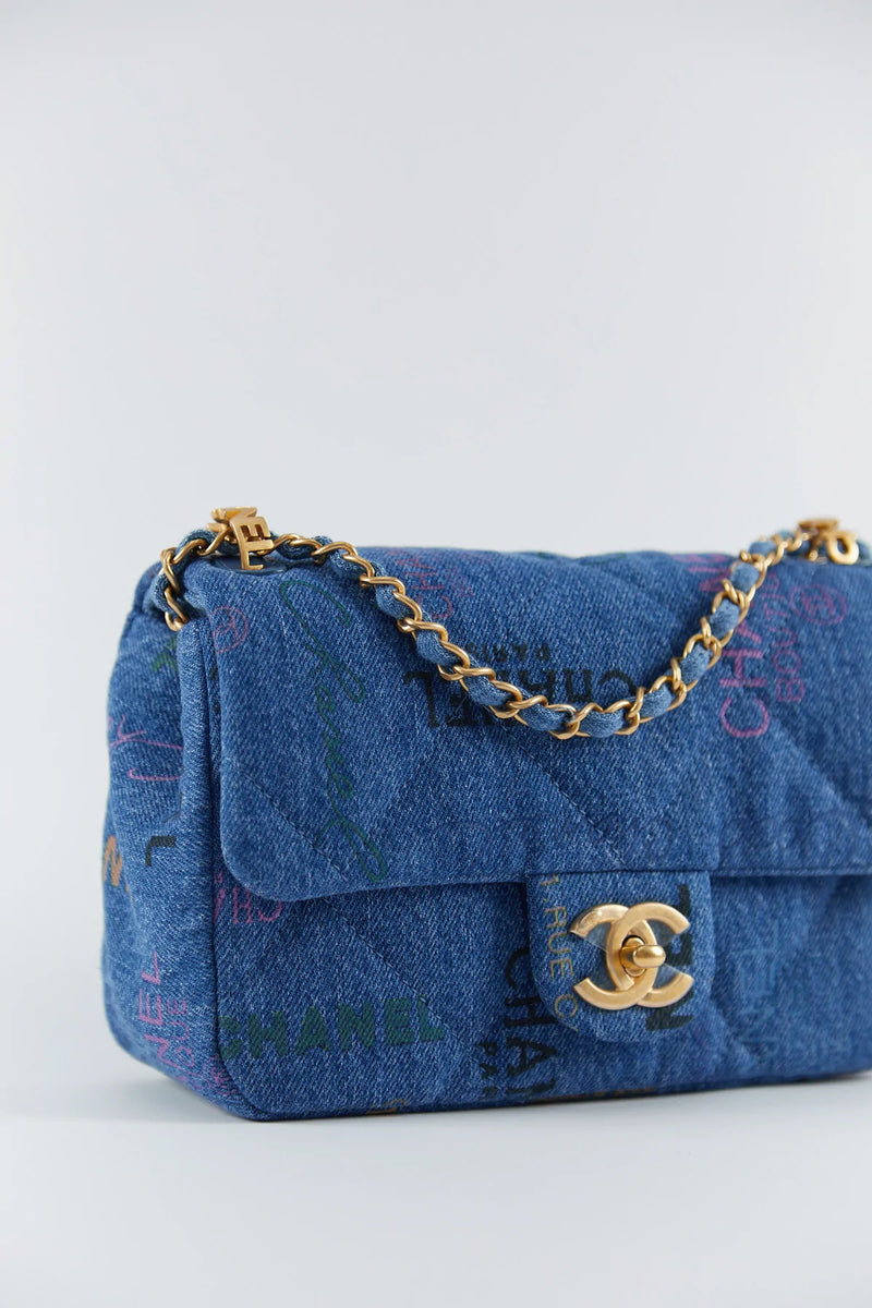 Chanel Mini Denim Rectangle Signature Print Flap Bag