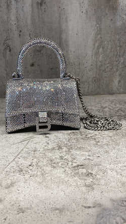 Balenciaga Mini Hourglass Bag With Rhinestones & Chain (Silver)