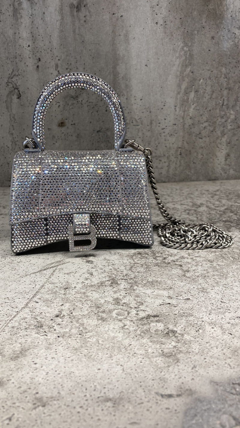 Balenciaga Mini Hourglass Bag With Rhinestones & Chain (Silver)