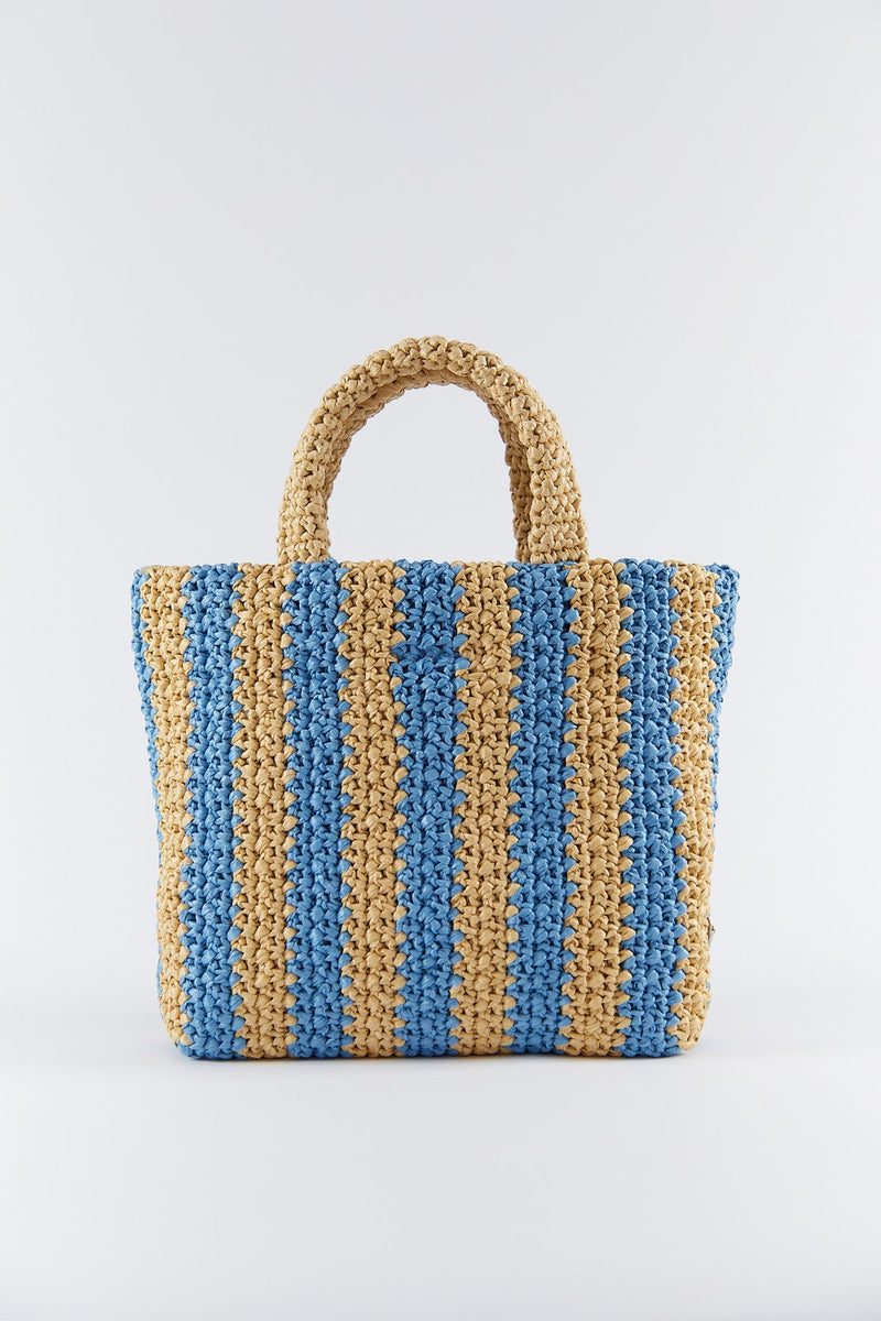 Prada Small Raffia Striped Tote Bag (Tan/Blue)
