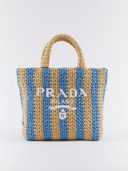 Prada Small Raffia Striped Tote Bag (Tan/Blue)